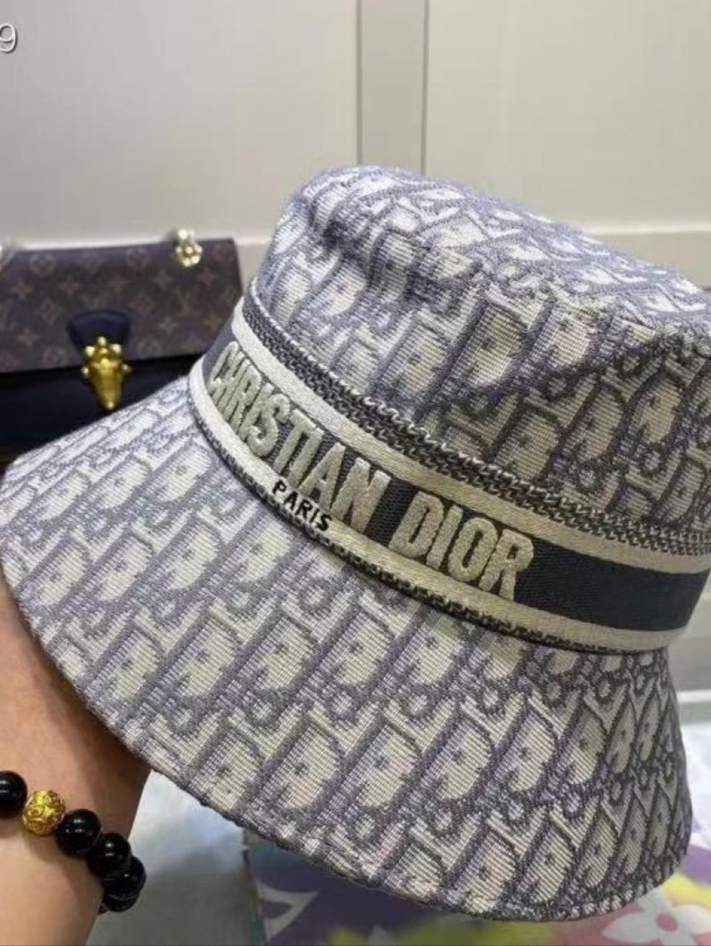 Gray and Beige Monogram Bucket Hat with Christian Dior Band